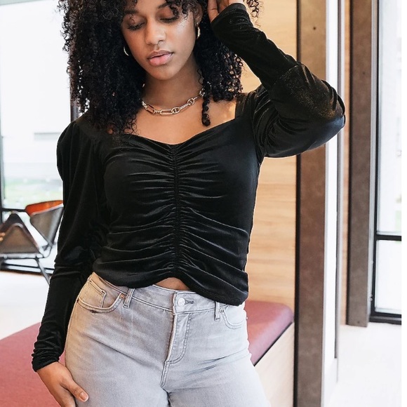 Womens Velvet Long Sleeve Ruched Front Top - Picture 4 of 4